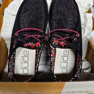 Hey Dude Women's Black Shoes with Pink Floral Accents